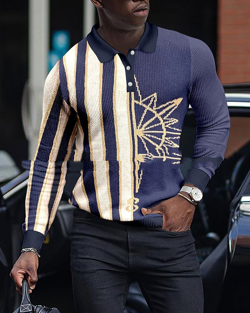 New Long Sleeve 3D Stripe Lapel Comfortable Casual Men's Fashion Polo Shirt